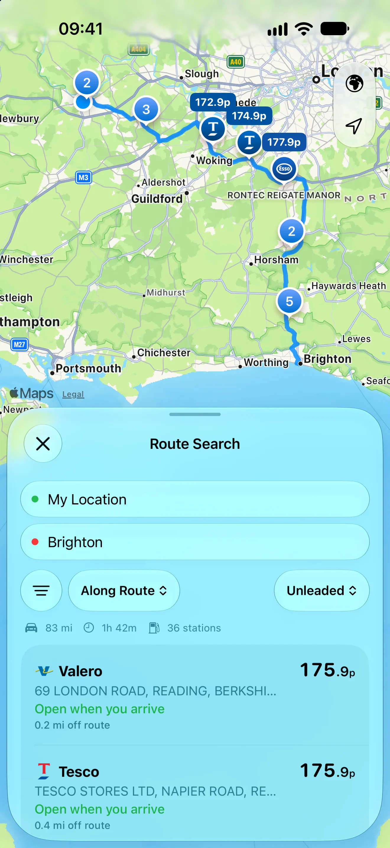 Route search screenshot