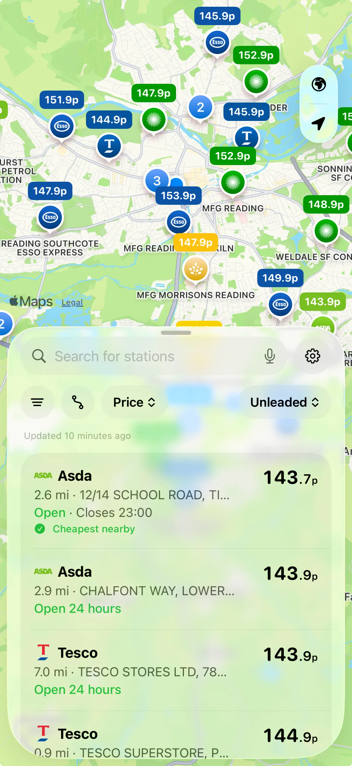 Range app showing fuel prices on a map